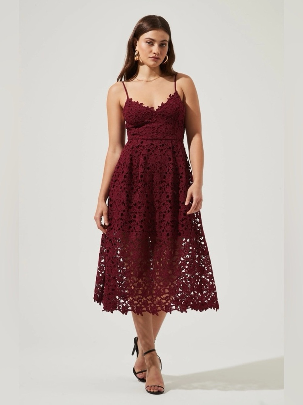 ASTR The Label Lace A-Lind Midi Dress in Deep Wine M Wedding Guest Autumn Formal